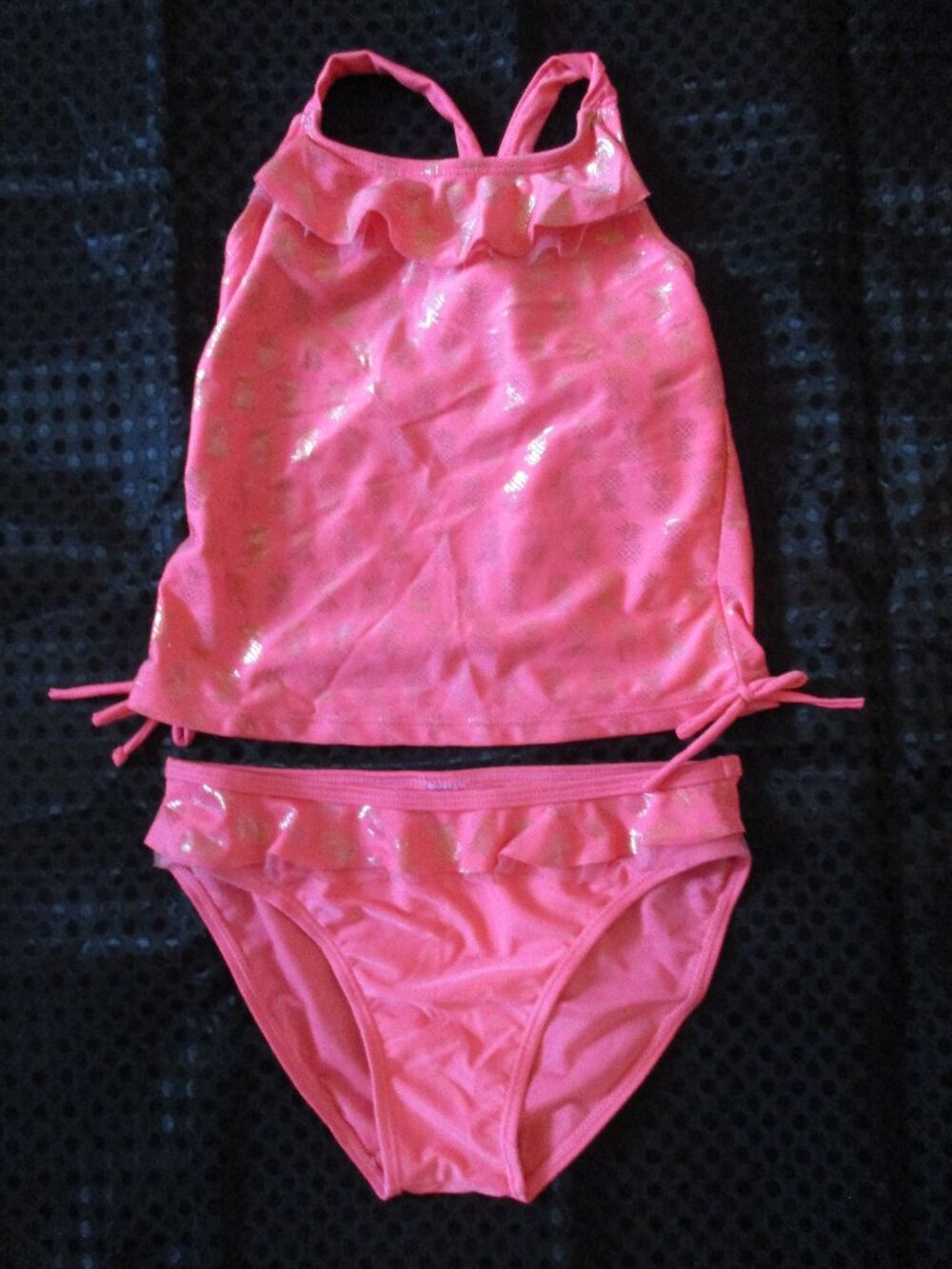 Real Love Coral Pink w/Gold Pineapples Girl's 2 Piece Tankini/Swimsuit  Sz. 7/8